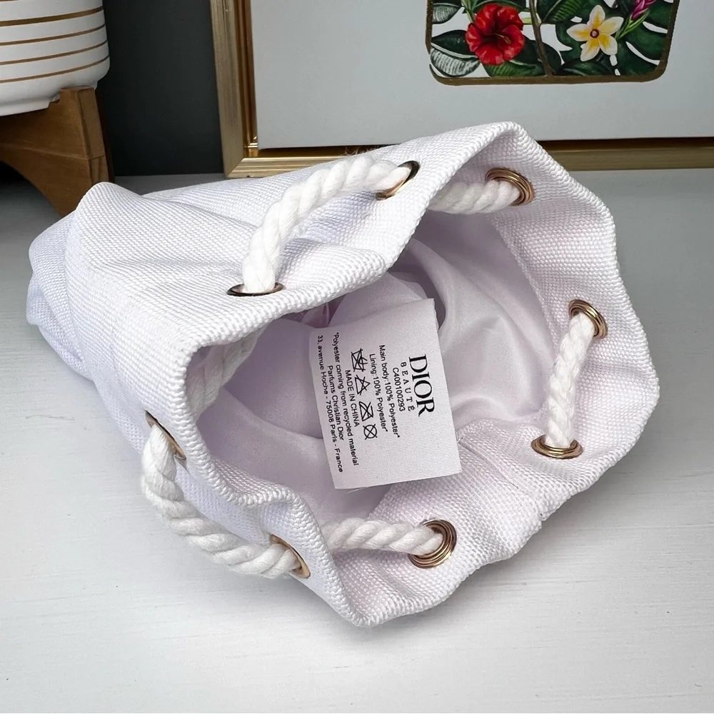 Dior White Canvas Drawstring Cosmetic Pouch with Gold Logo - Picture 5 of 6
